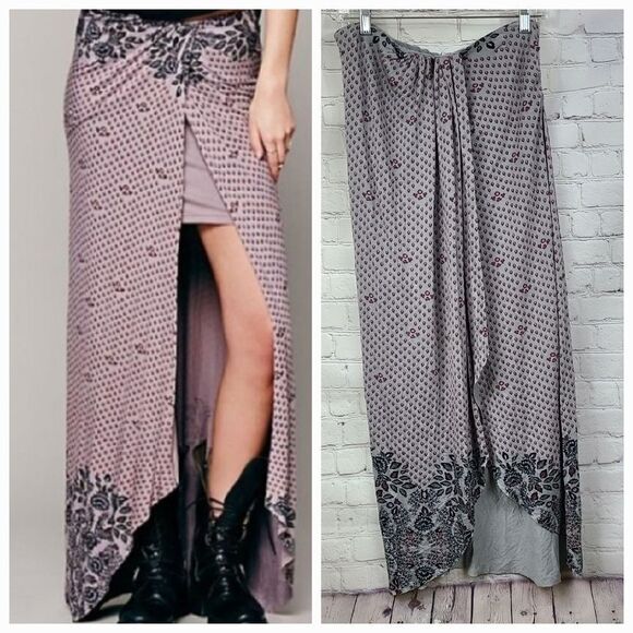 Free People Gray Print Hi-Low Midi Wrap Split Skirt Soft Knit Floral Border Maxi - Picture 10 of 11